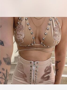 Studded Snake Applique Nude Two-Piece Crop Top & Skirt Set